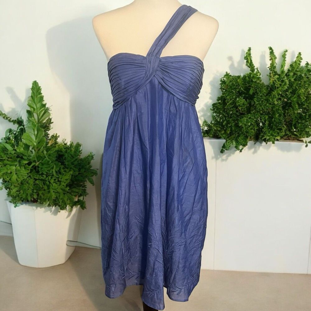 Blue One Shoulder Embroidered Empire Waist Cocktail Dress‎ Sleeveless Medium